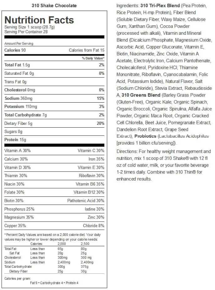 310 Shake Chocolate Nutrition Facts