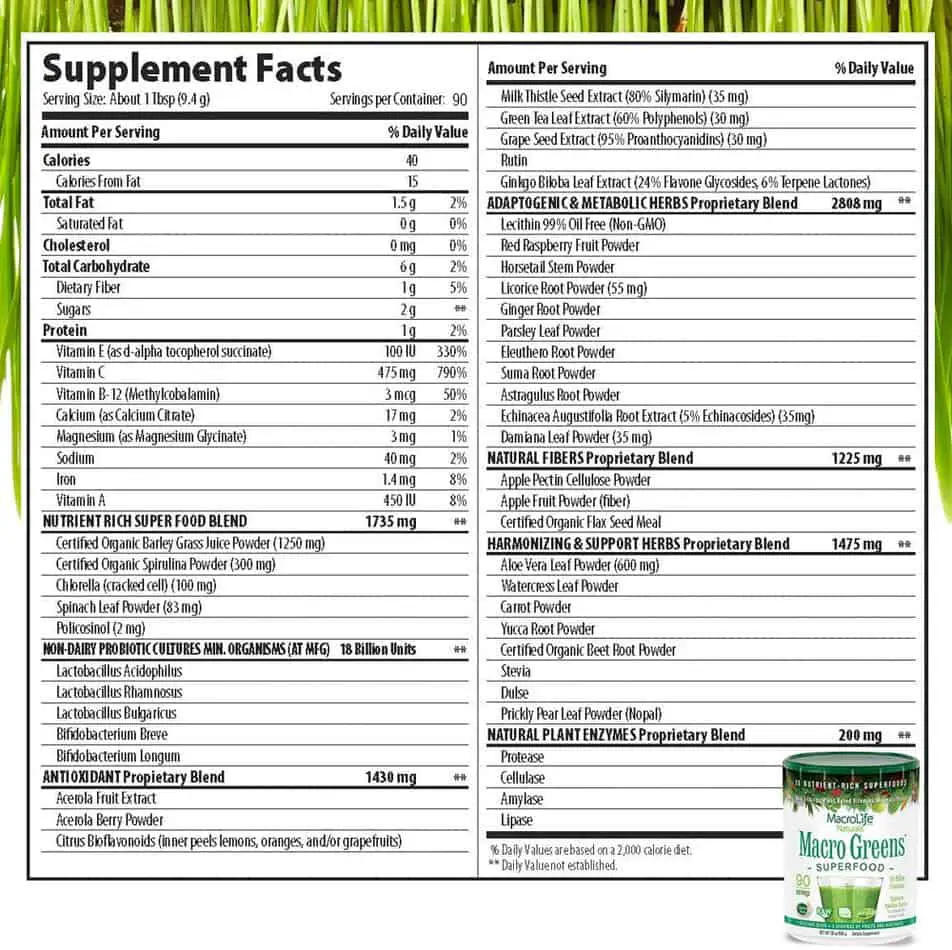 MacroLife Naturals Macro Greens Superfood Supplement Facts